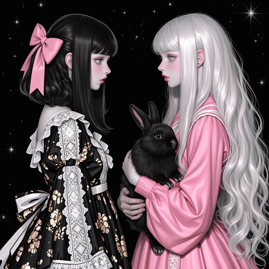 Two young women in profile, facing each other against a starry black background. On the left, a woman with dark, wavy chin-length hair wears a large p