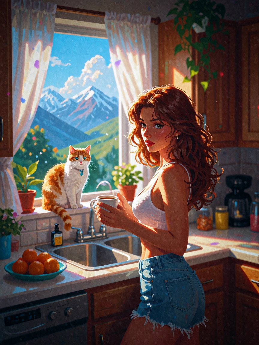 Comfortcore morning scene in the kitchen. Woman with her cat. Coffee, window.