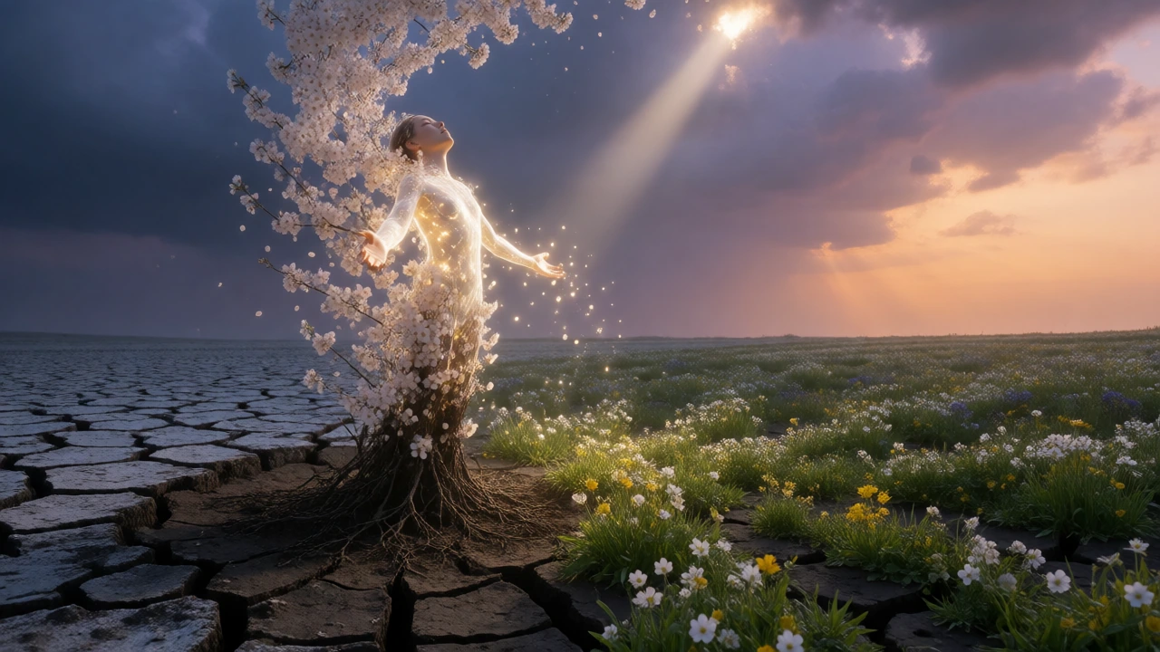 Emerge from cracked earth, a luminous human figure dissolving upward into a cascading spiral of white cherry blossoms and golden light, their body transitioning from dark soil and tangled roots below into translucent, glowing skin that fragments into
