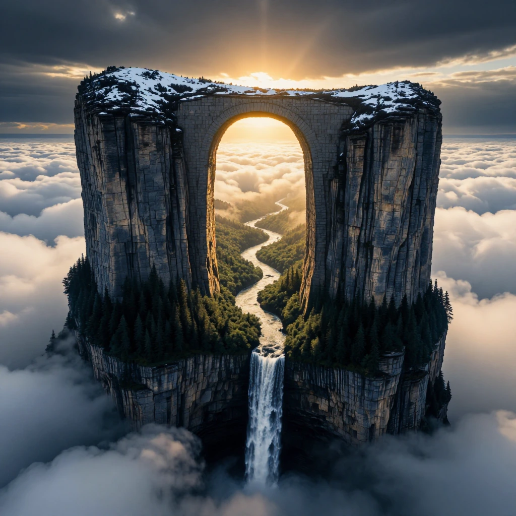 A cinematic aerial shot of a colossal natural stone archway rising above a sea of clouds, with snow-dusted peaks on top and sheer vertical cliff faces