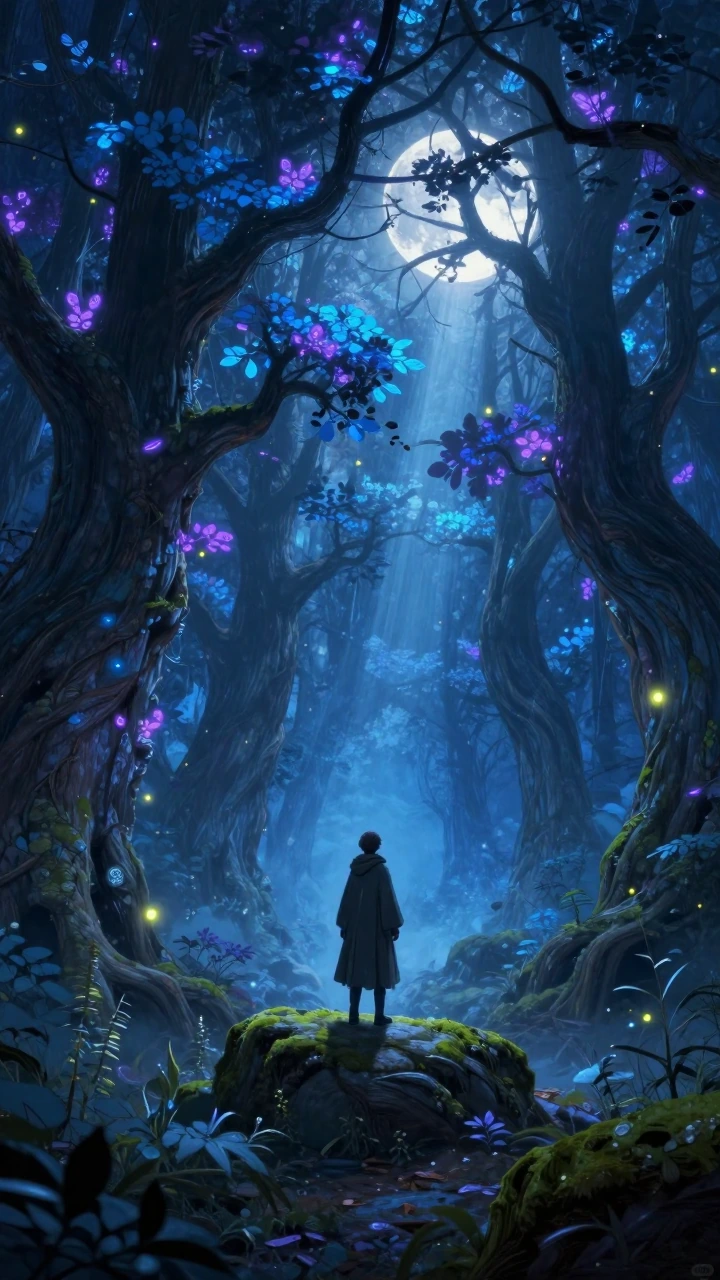 9:16 vertical cinematic noir fantasy, lone wanderer in cloak standing on mossy rocks inside an ancient glowing forest at night, massive twisted trees with soft blue and purple bioluminescent leaves, fireflies floating everywhere, gentle mist and moon