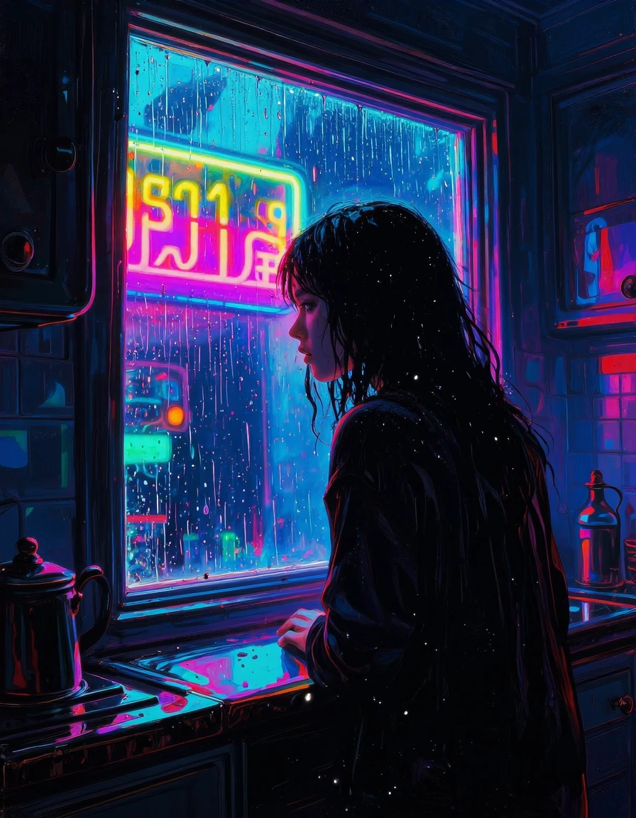 a girl looking dreamy outside a kitchen window, rain clattering the window, highly detailed, 8k quality