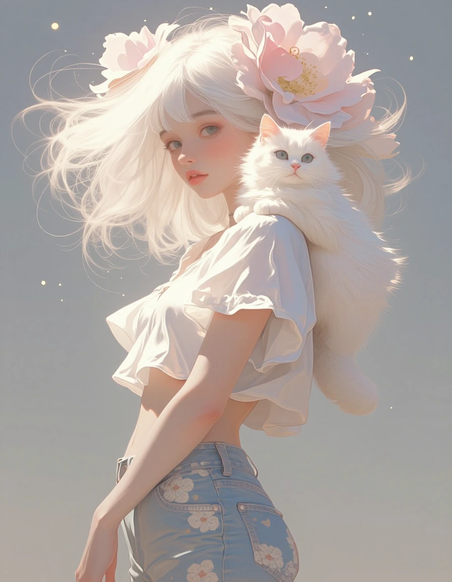 soft illustration of a woman with platinum hair and big flowers, fluffy white cat on shoulder , wearing floral jeans and a cropped peasant blouse, hig