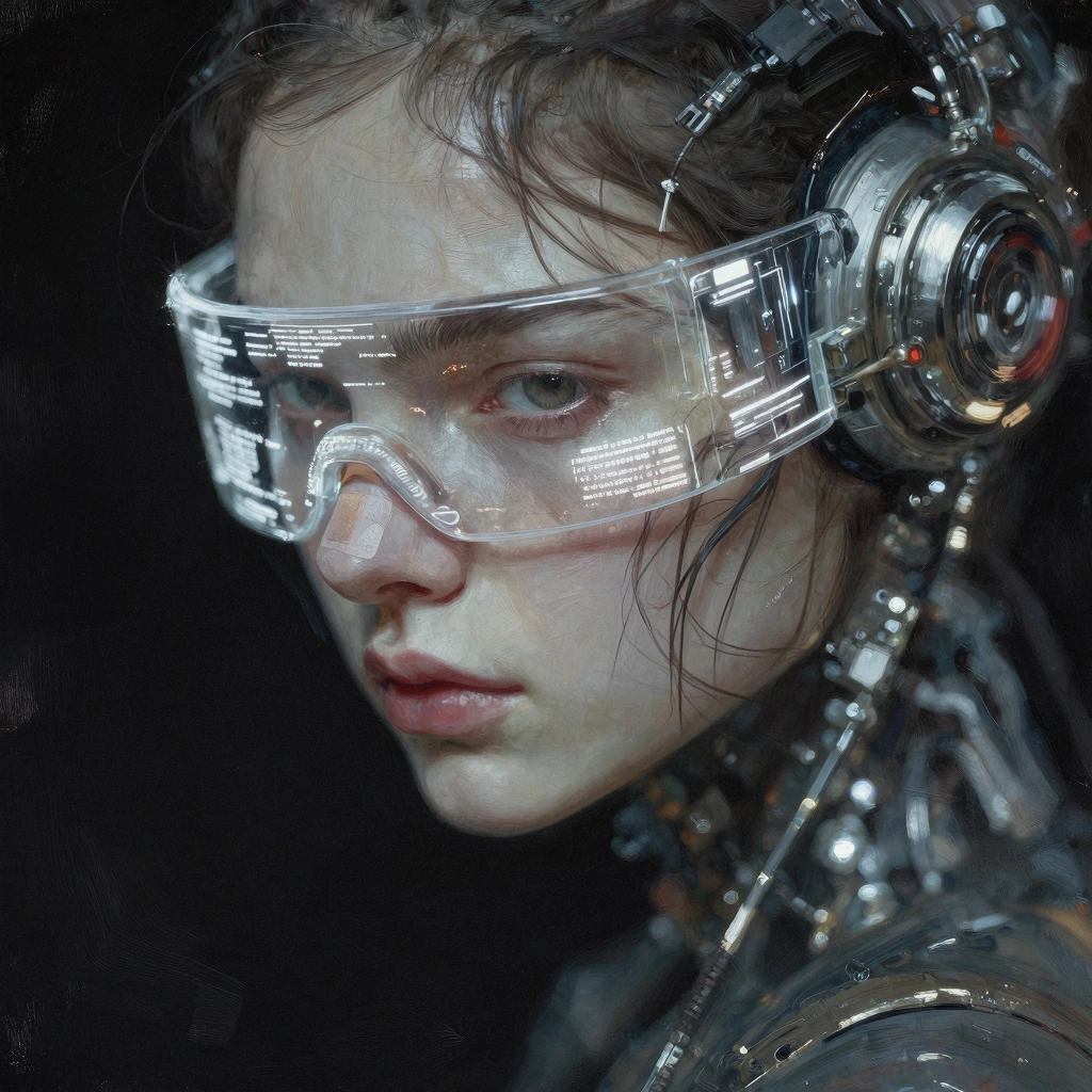 An extreme closeup portrait of a young woman with a cyberpunk aesthetic, rendered in a striking digital art style against a pitchblack background. Her head extends beyond the edges of the frame the top of her head and the curve of her chin are cut of