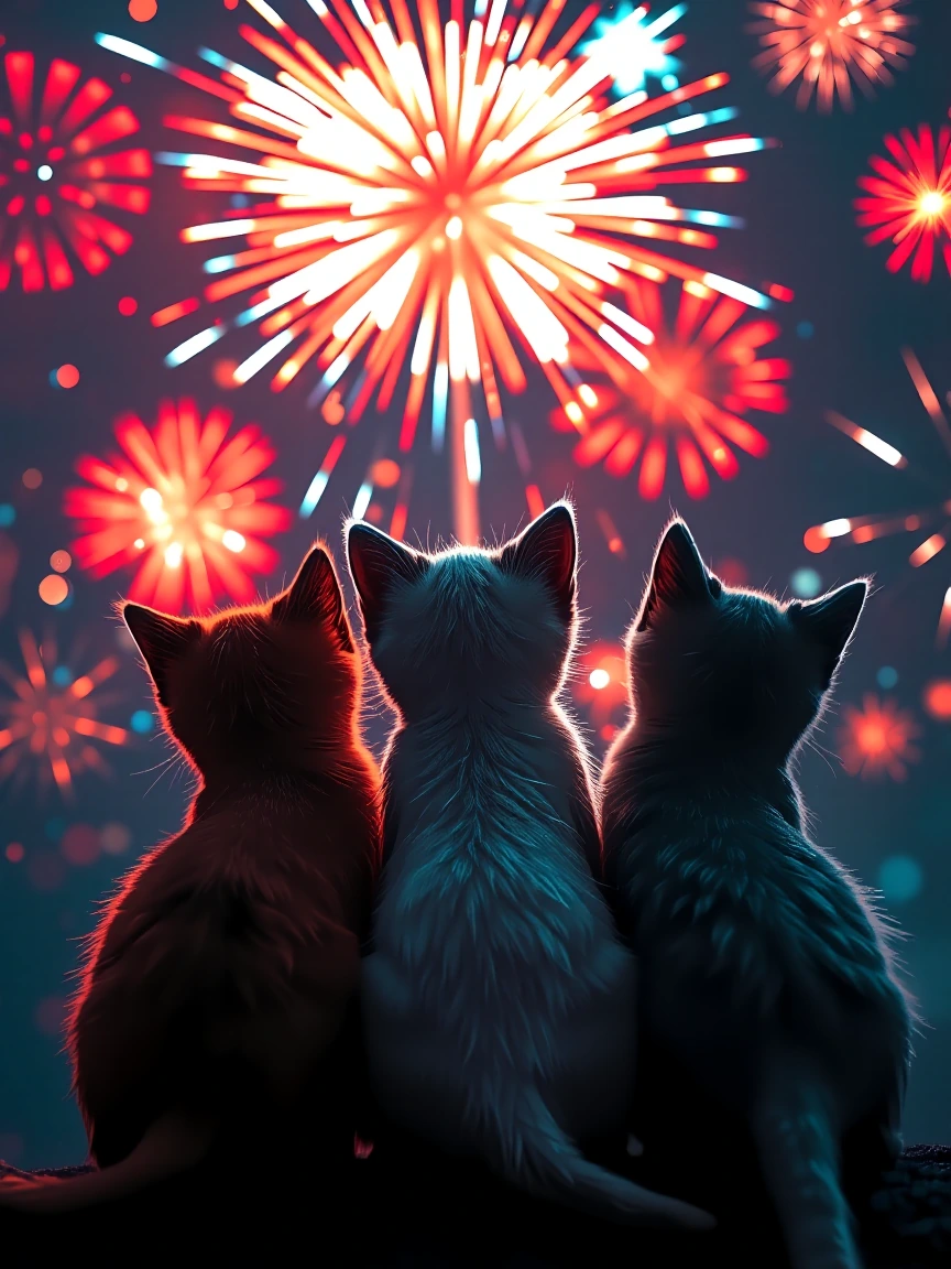 Three kittens from behind, silhouetted against a night sky erupting in fireworks—one red tabby, one white, one blue-gray—sitting close together on their haunches, heads tilted upward, ears perked. The fireworks burst directly above them in vivid reds