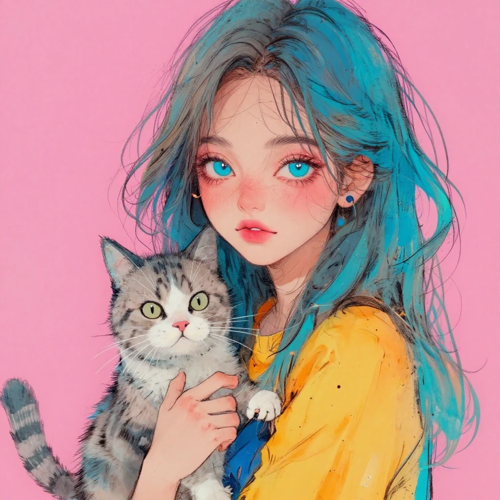 vivid color girl with a cat