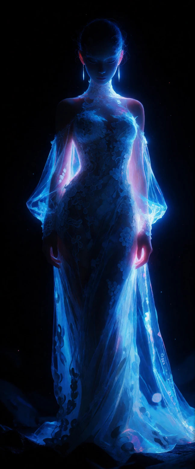A hyper-detailed, cinematic masterwork of a striking human model standing gracefully in absolute pitch darkness, illuminated exclusively by intense, high-output ultraviolet lights.