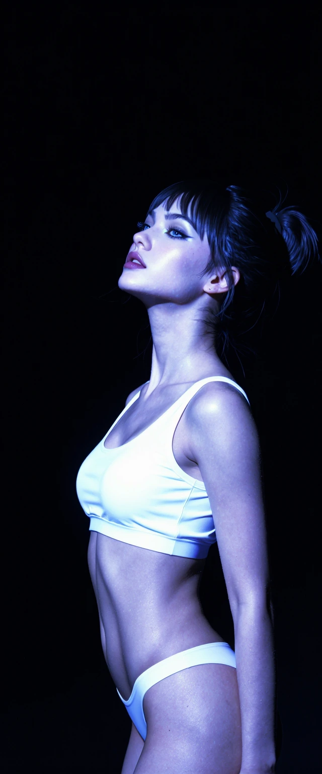 A hyperdetailed, cinematic masterwork of a striking human model standing gracefully in absolute pitch darkness, illuminated exclusively by intense, highoutput ultraviolet lights.