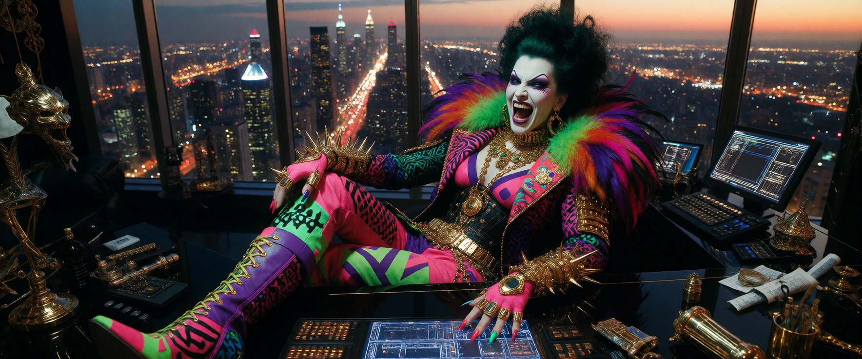 Capture a maniacal female supervillain lounging confidently behind a sleek black obsidian desk, her posture radiating theatrical menace and unshakable self-assurance. Dress her in a wildly eccentric, loud outfit clashing hot pink, electric purple, an