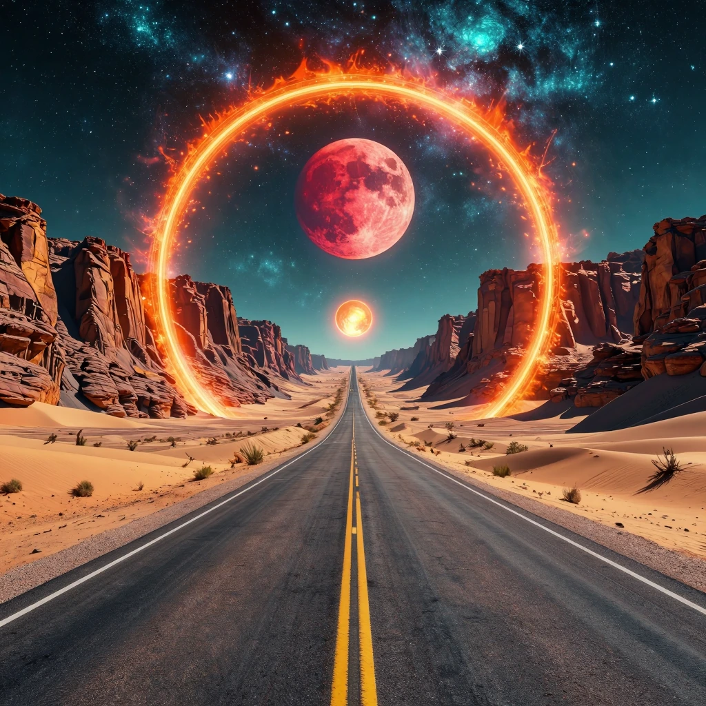 # Desert Portal A surreal digital landscape features an infinite desert highway stretching toward a glowing circular portal. The road's yellow center lines dissolve into an otherworldly scene: a massive crimson moon hangs above rust-colored canyon wa