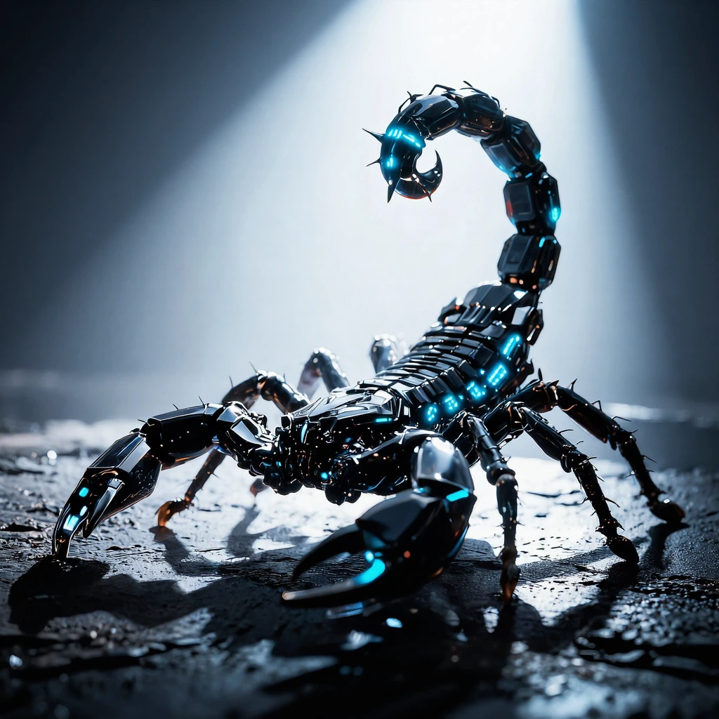 a sleek mechanical scorpion, metallic exoskeleton with glowing neon blue accents, sharp angular limbs and a curved tail with a glowing stinger, standi