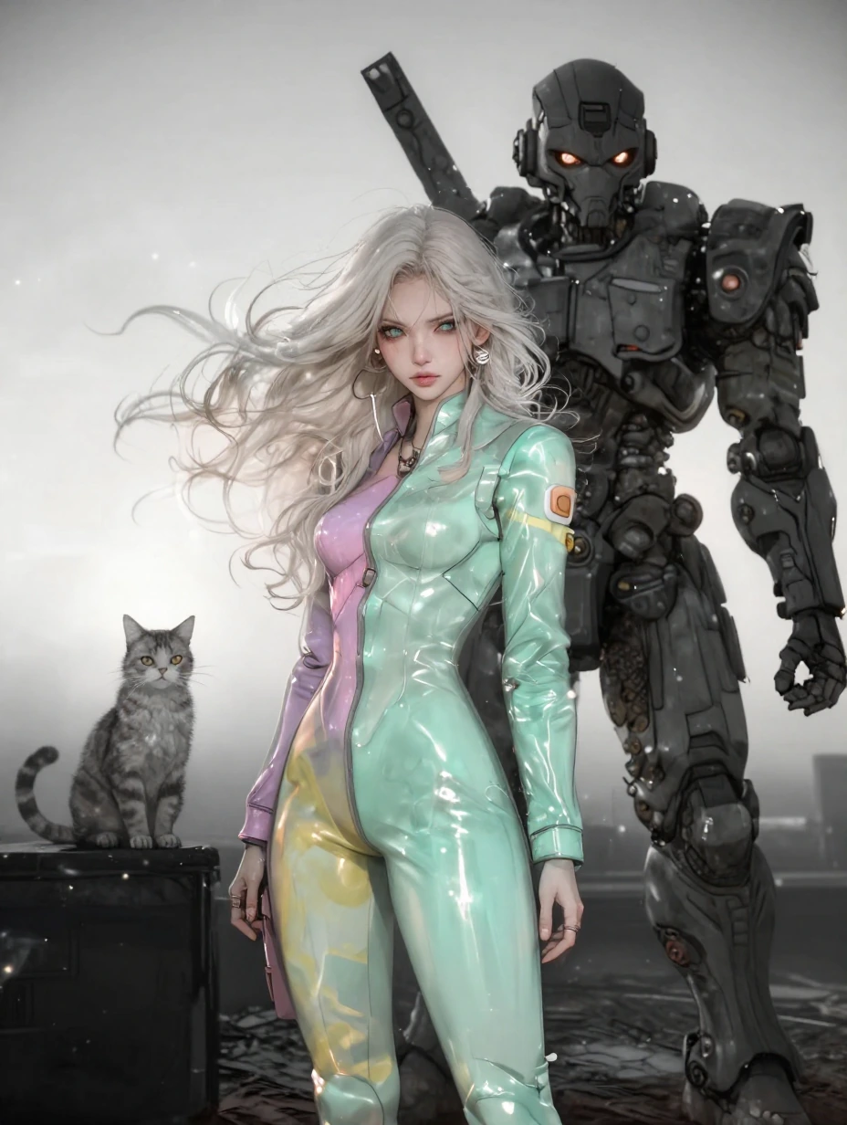 woman warrior long flowing platinum ombre hair with her cat and a giant mech, wearing a lavender pink yellow seafoam green glass jumpsuit, at sunrise
