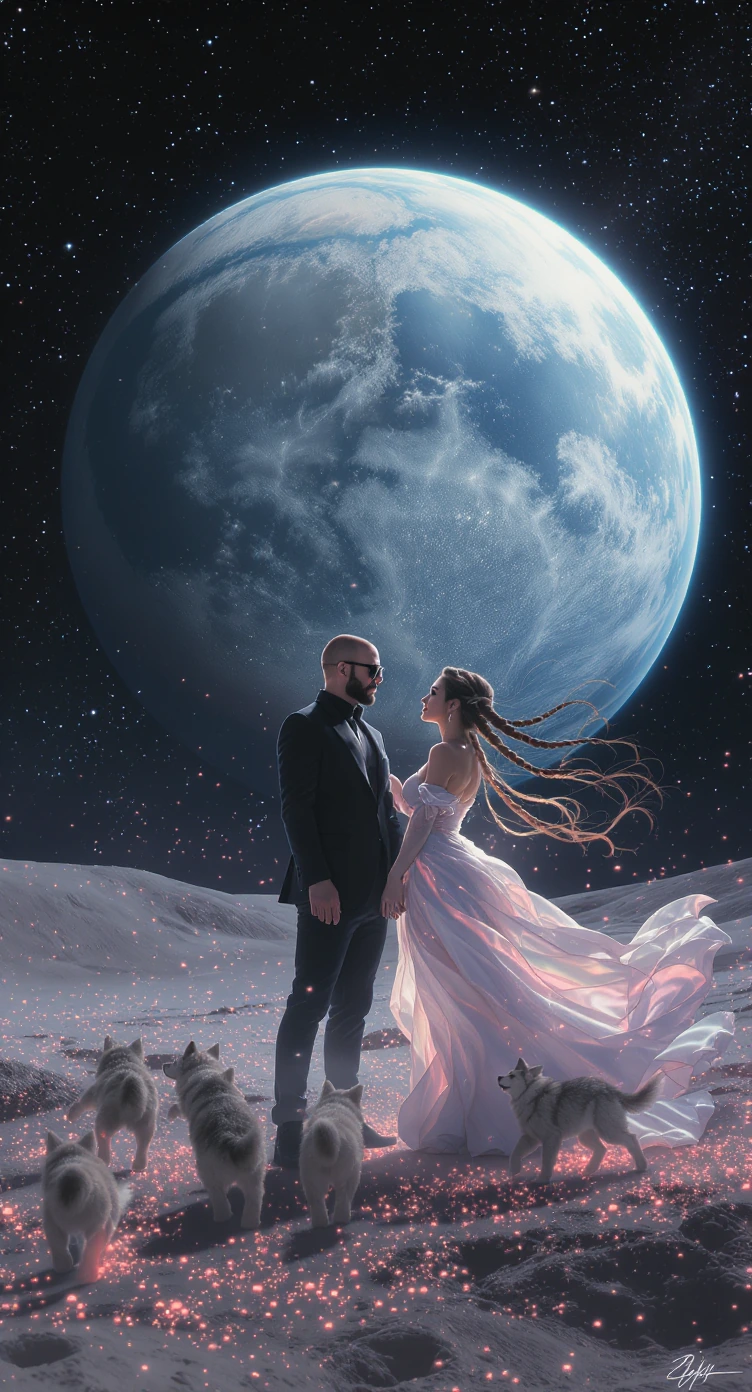 A cinematic, dreamlike digital painting of your favorite couple standing together on the surface of the moon. The bald man with a trimmed beard and dark sunglasses stands tall and grounded, his silhouette sharp against the vast emptiness. Beside him,