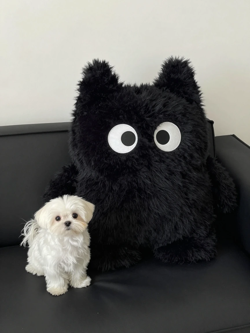 Cute big fluffy black monster plushie on a black couch with a Maltese.