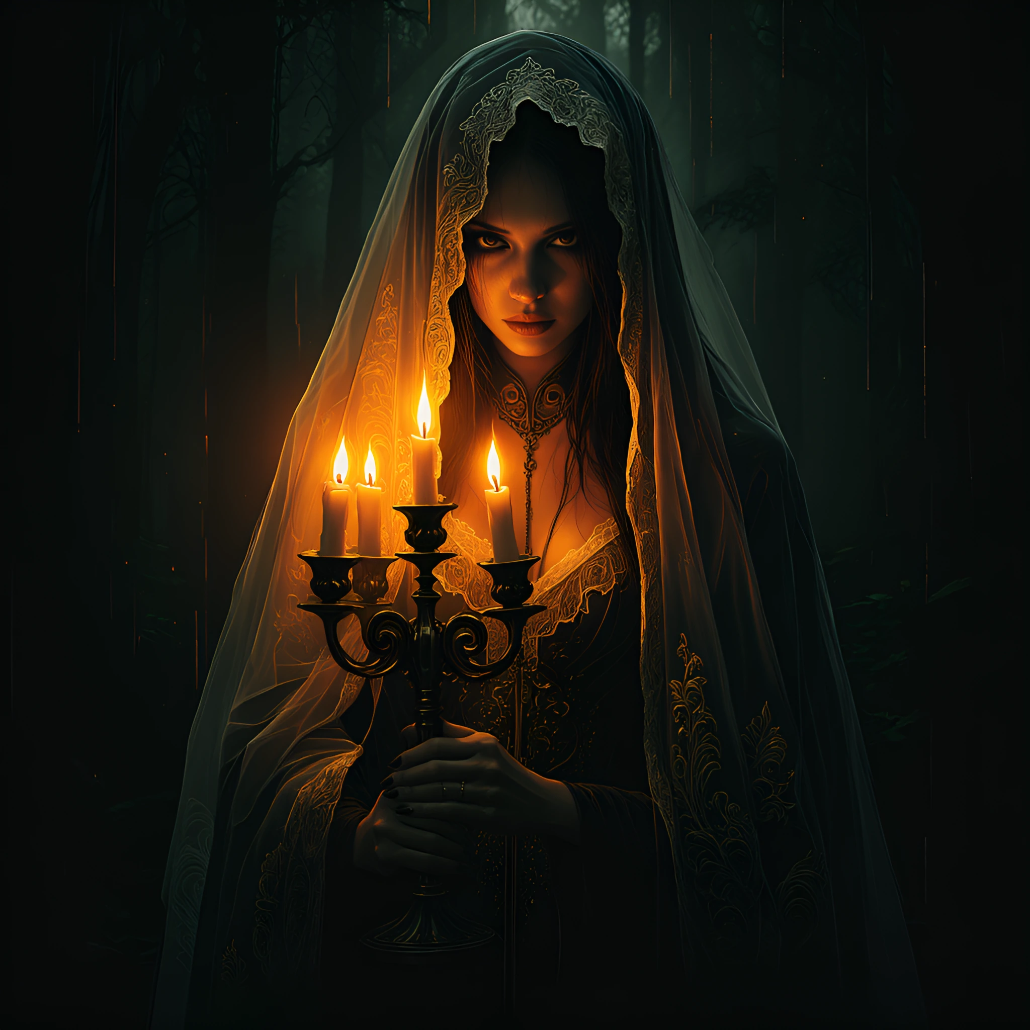 A dark, moody cinematic photograph of a spectral gothic bride, holding a five-arm candelabra. The scene is set in a deep, shadowy night forest with ba