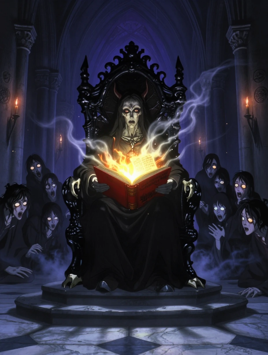 A dark, gothic cathedral interior, Satan seated upon an ornate throne of twisted black iron and bone, reading ancient poetry from a crimson leather tome, ethereal golden light emanating from the glowing pages, casting haunting shadows across marble f