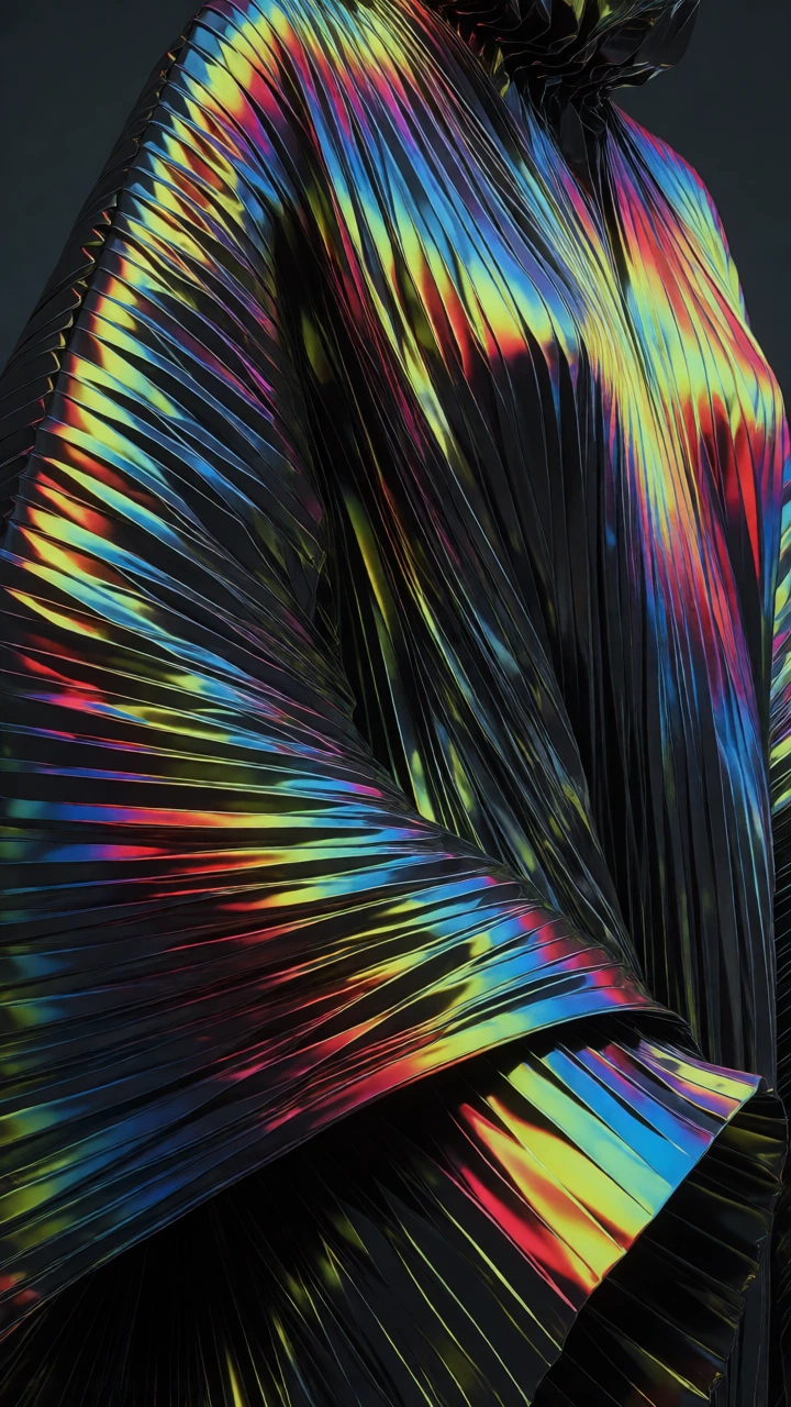 A macro-photographic, hyper-maximalist visualization of high-fashion royalty, functioning as a visual manifestation of thin-film interference and chaotic geometric optics. The core subject is an imposing, avant-garde queen draped in a monolithic, zer