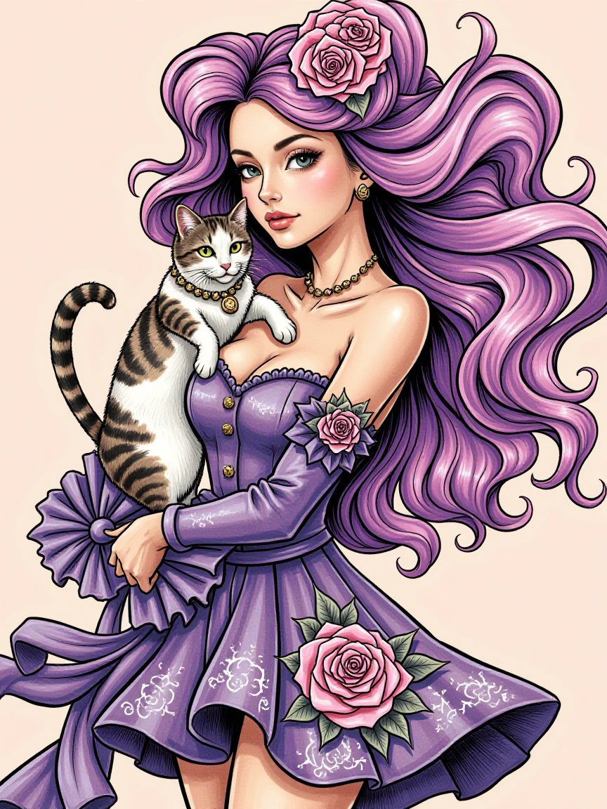 woman with cat, big swirling hair like paint swirls, fancy mini dress with actual sewn-on roses, very artistic illustration style, swirling flowing composition, purple pink peach pastel color palette with gold and black accents, ornate romantic aesth