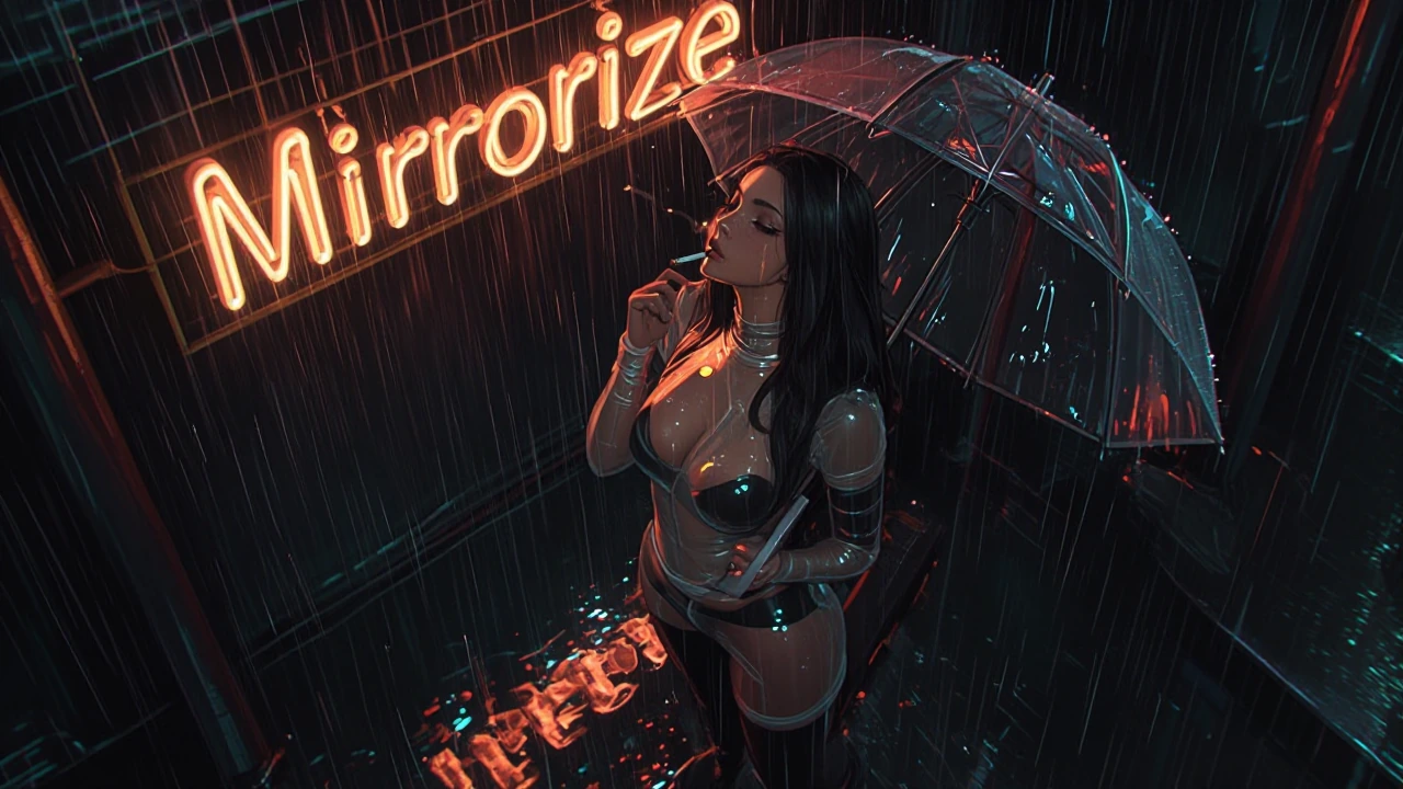 High quality dreamscape animated illustration style with rich atmospheric detail and cinematic lighting. High angle noir shot of a seductive woman standing in heavy pouring rain at night. She is smoking a cigarette while holding a transparent plastic