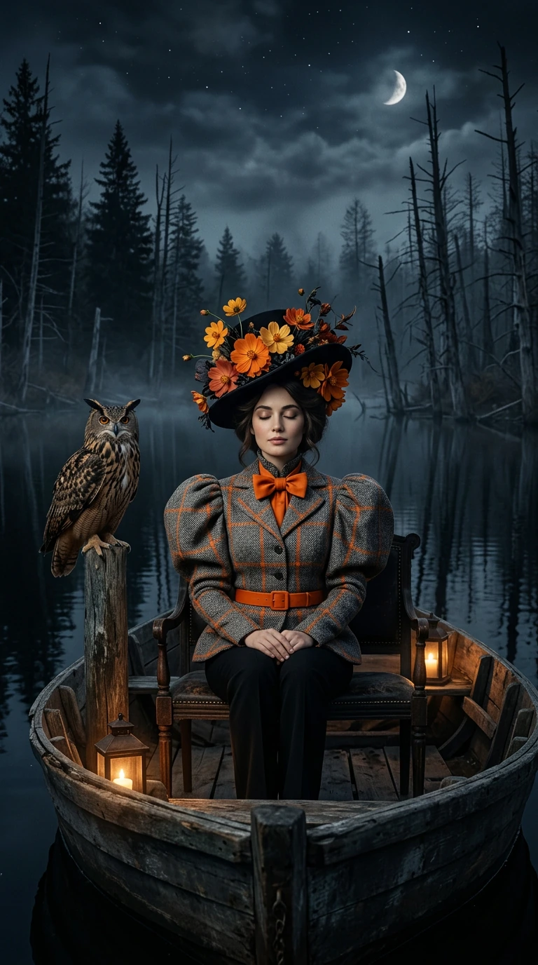 A clean, cinematic haute couture fashion photograph, with no user interface. A medium shot of a serene woman with her eyes closed, sitting on a floating barge at night on a ghostly lake. She is wearing a grey and orange tweed jacket with massive puff