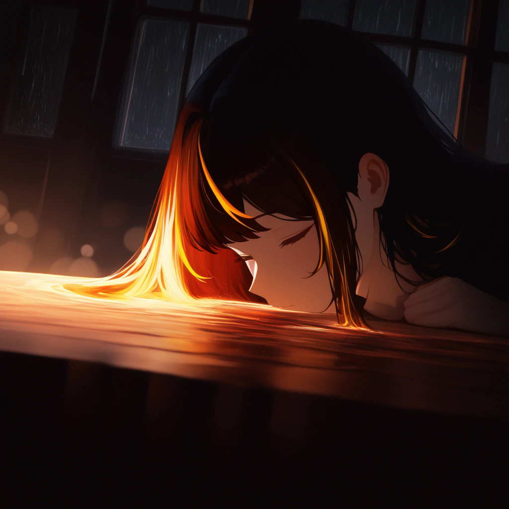A solitary figure sits at a weathered wooden table beside a rain-streaked window, golden hour sunlight streaming through the glass creating warm pools of amber light that contrast with the cool blue-grey tones of the rain outside, droplets catching a