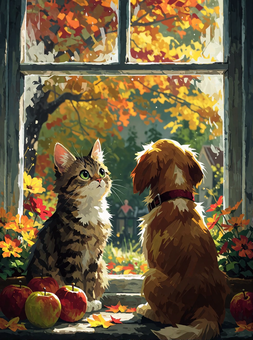 Cute painterly cat and dog looking out a window at beautiful fall scenery. Apples and fall flowers. Realistic