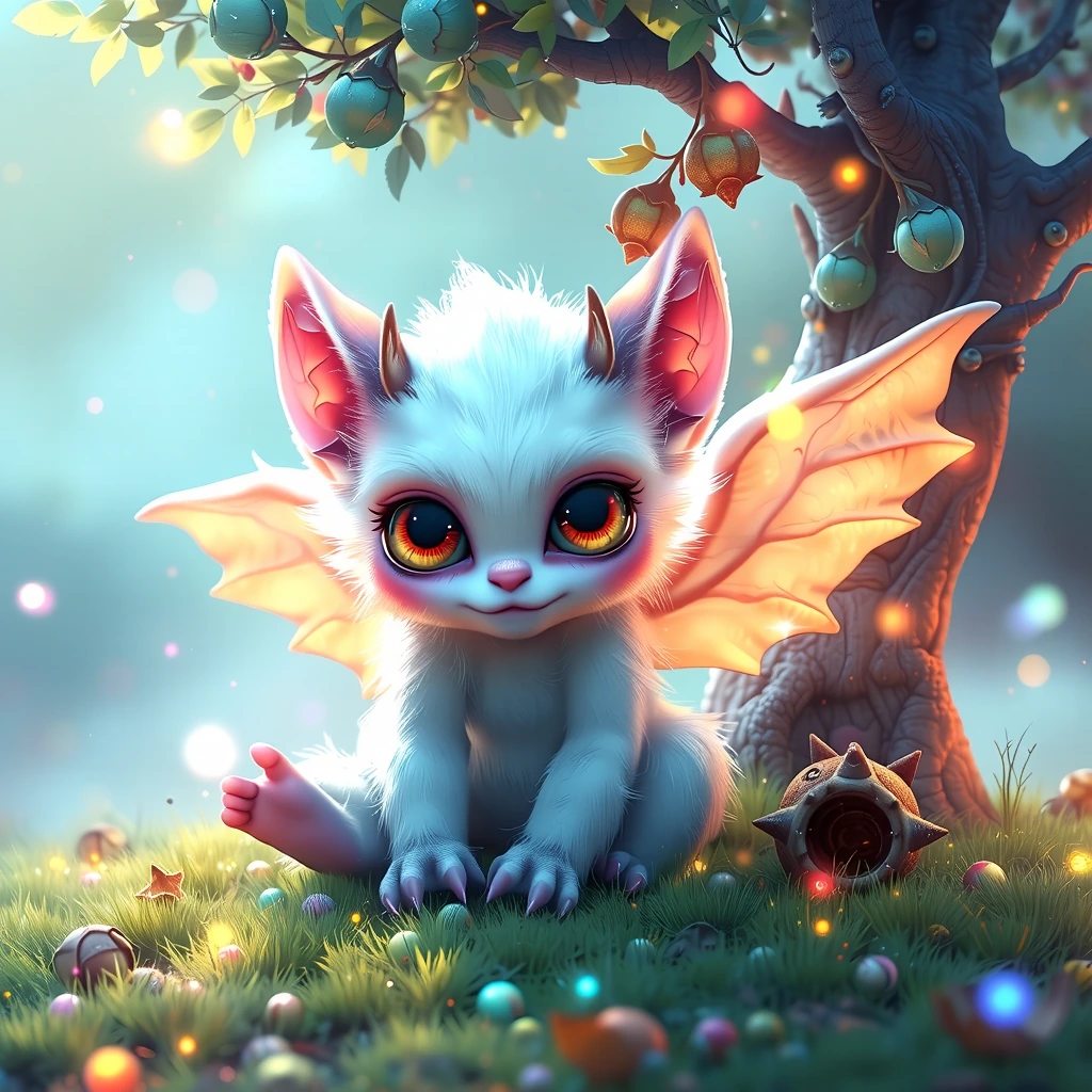 A cute little monster with white fur and big eyes, sitting on the grass with a tree next to it and a pair of wings