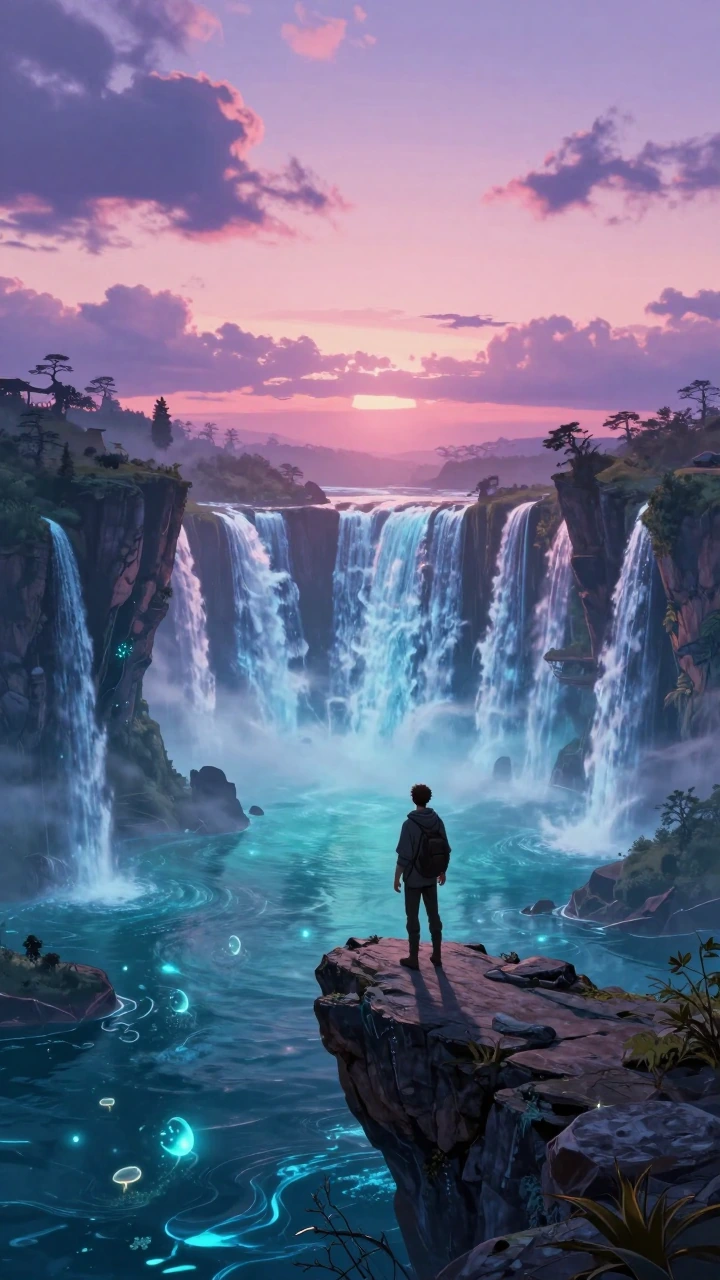 Epic 9:16 vertical cinematic fantasy scene, lone wanderer standing on a rocky outcrop above a vast glowing water world at dusk, floating islands with cascading waterfalls pouring into endless turquoise oceans below, bioluminescent sea creatures light