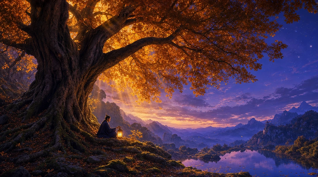 Illuminate a solitary figure seated in quiet contemplation beneath an ancient spreading oak tree, bathed in the golden warmth of late afternoon sunlight filtering through rust-amber and burnt-orange autumn leaves. Surround the scene with a breathtaki