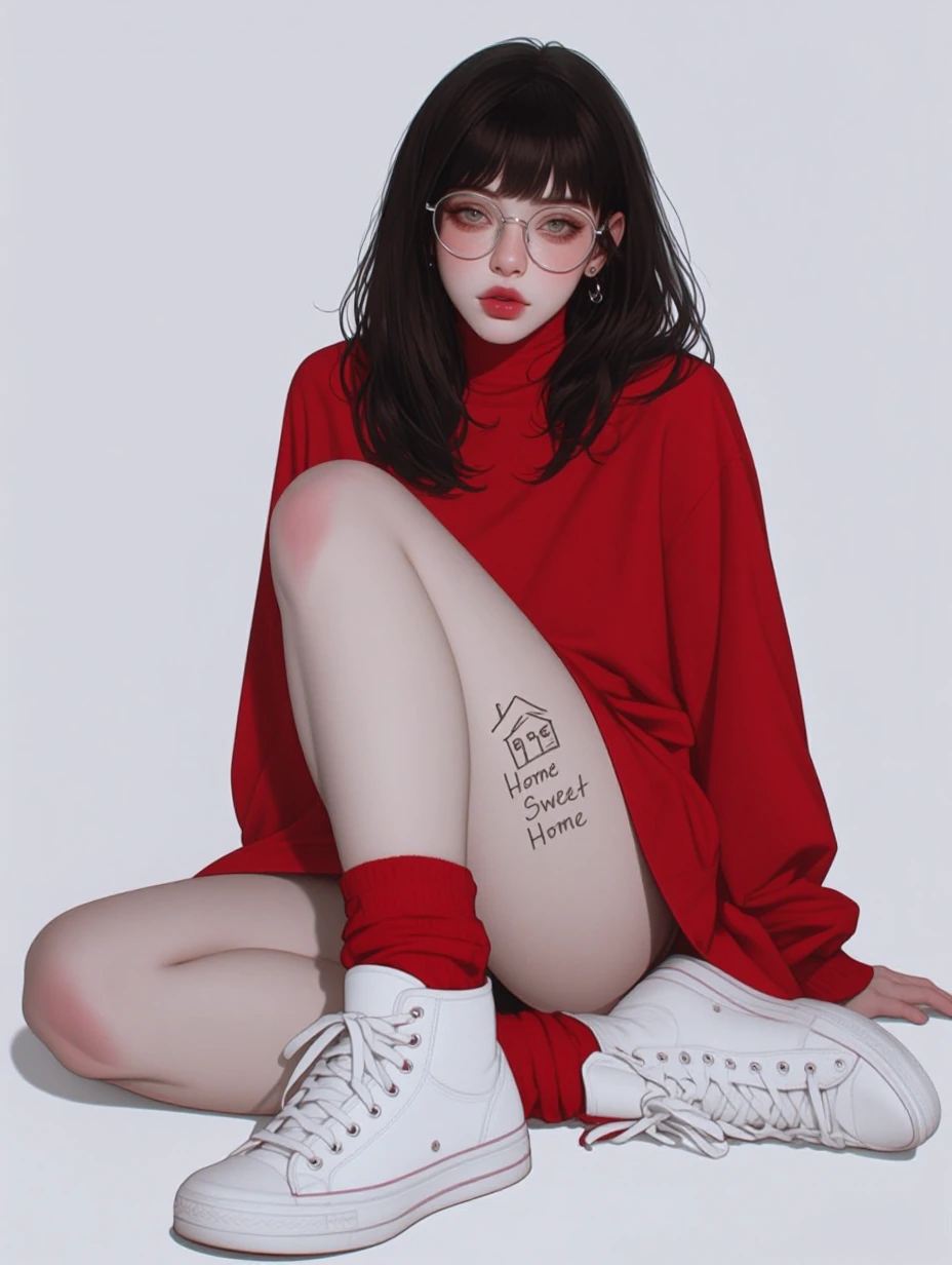 Photograph of a young nerdy bookworm cute female with pale skin and dark brown, shoulder-length hair sitting on a white floor against a plain white background. She is wearing a red, long-sleeved, oversized turtleneck dress that reaches mid-thigh, red