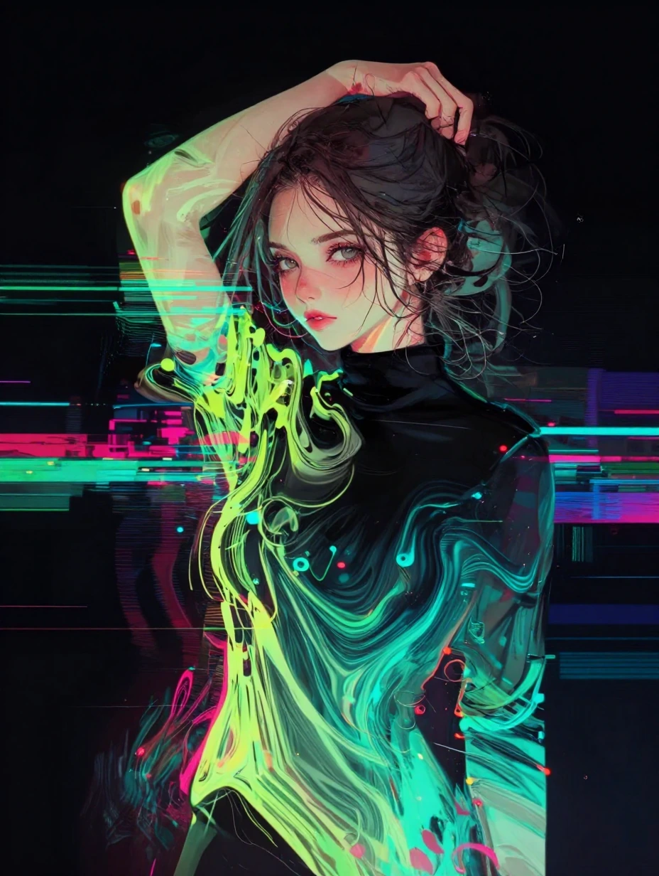 A vibrant digital illustration of a stylish anime woman with dark hair in a messy updo, posing with one arm raised behind her head. She wears a sleek 