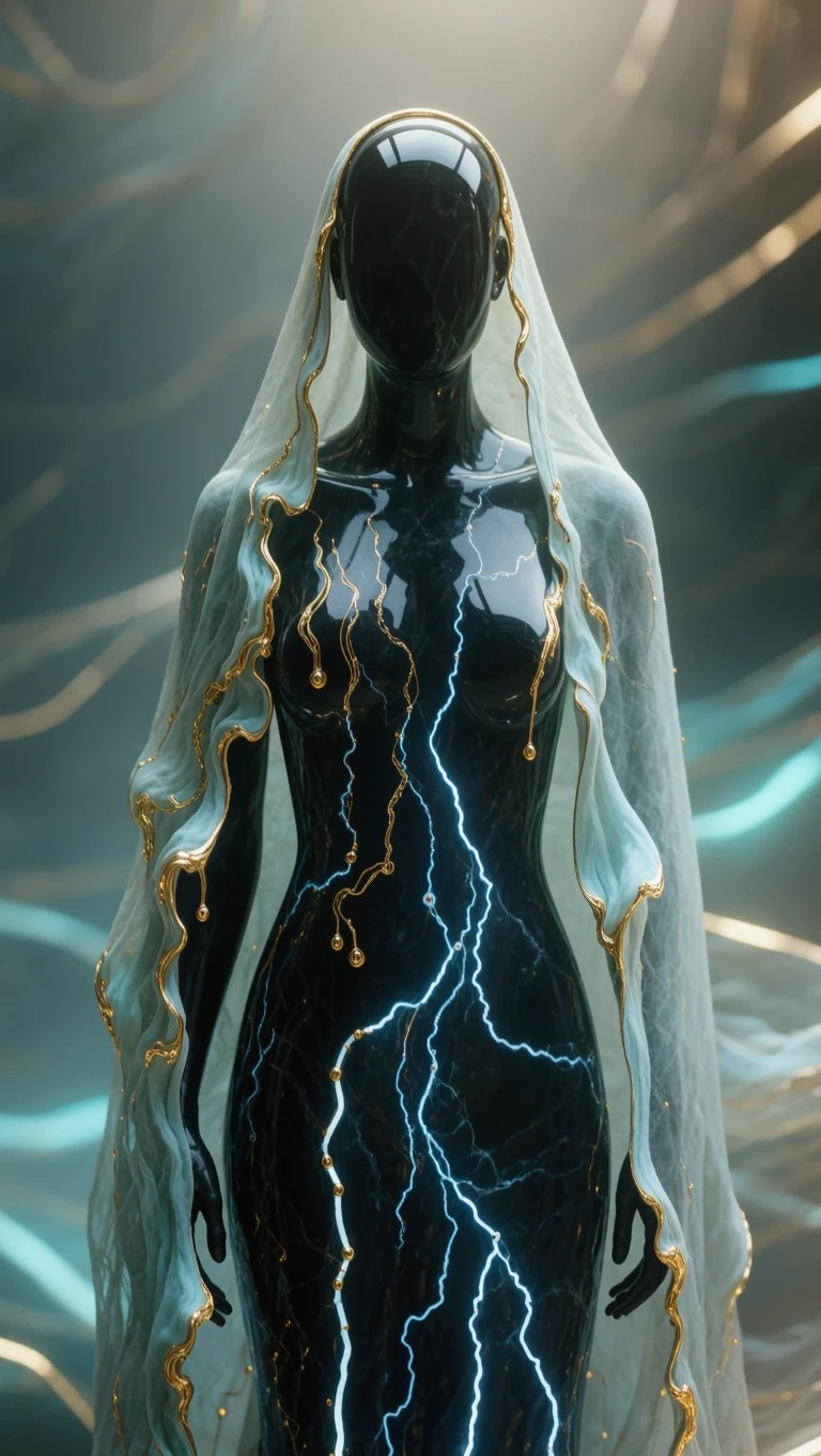A cinematic 4K ultra-detailed shot of a motionless onyx figure draped in a translucent veil of digital silk with gold filament circuitry. The video begins with a clean, surgical pulse of electric blue lines beneath the veil. Then, the veil undergoes 
