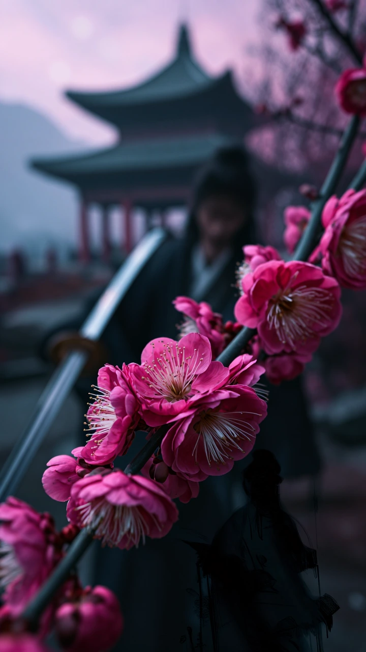 Bright pink plum blossoms, perfectly sharp, take centre stage; delicate five-petalled flowers, adorned with golden-white stamens, rest on dark, gnarled branches; the depth of field is shallow; a double exposure of a photo of a dark cyberpunk samurai