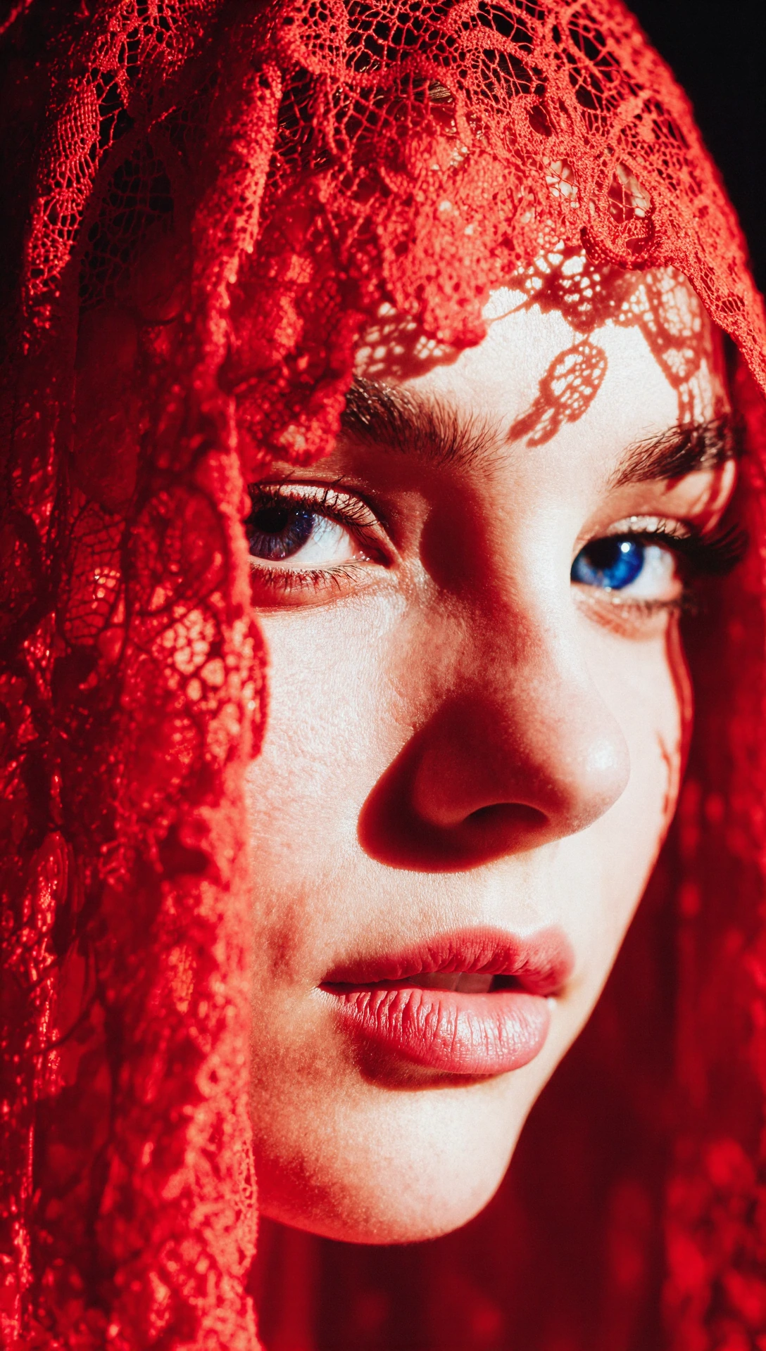 This is a close-up photograph of a woman's face, bathed in dramatic, red-tinted light. The image focuses on her face, with her blue eyes standing out vividly against the intense red background. Her skin is fair and smooth, with shadows and light patt