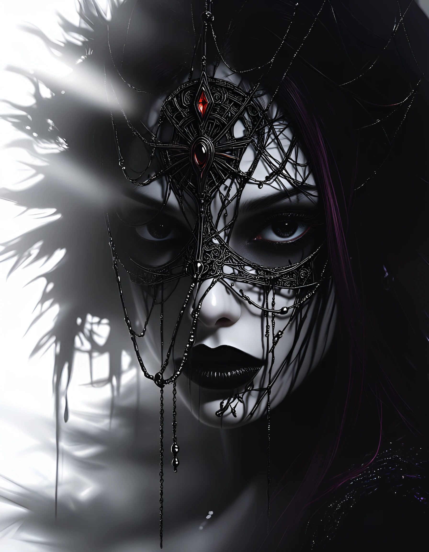 AI Digital Art portrait of a mysterious gothic woman with pale skin, intense black emotive eyes, dark makeup, and reddish hair, black lipstick, her face partially veiled by an intricate spiderweb like network of delicate silver threads, chains, and d