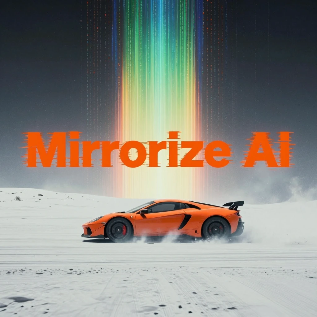 Bleaked White Desert, atmospheric Haze, desaturated color, neon-mist, a orange sportscar in Motion, monochromatic with color glitches, orange color pops, bold orange glitched title Text "Mirrorize AI"