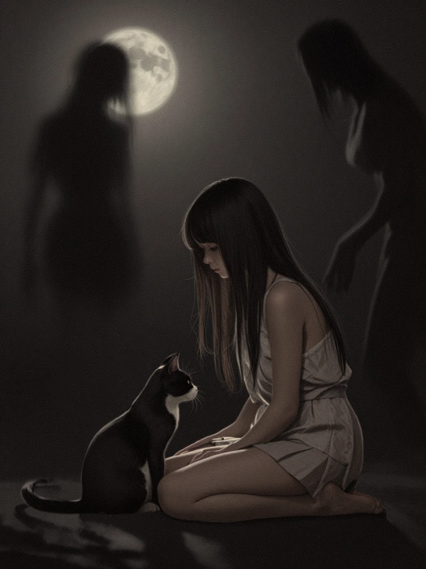 Girl and her cat in a scary dream