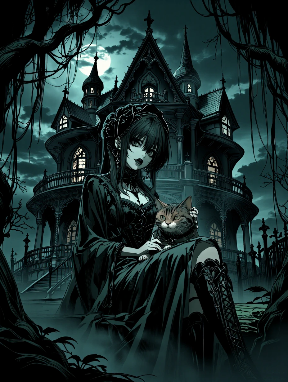 Dark goth woman with a cat, haunted house