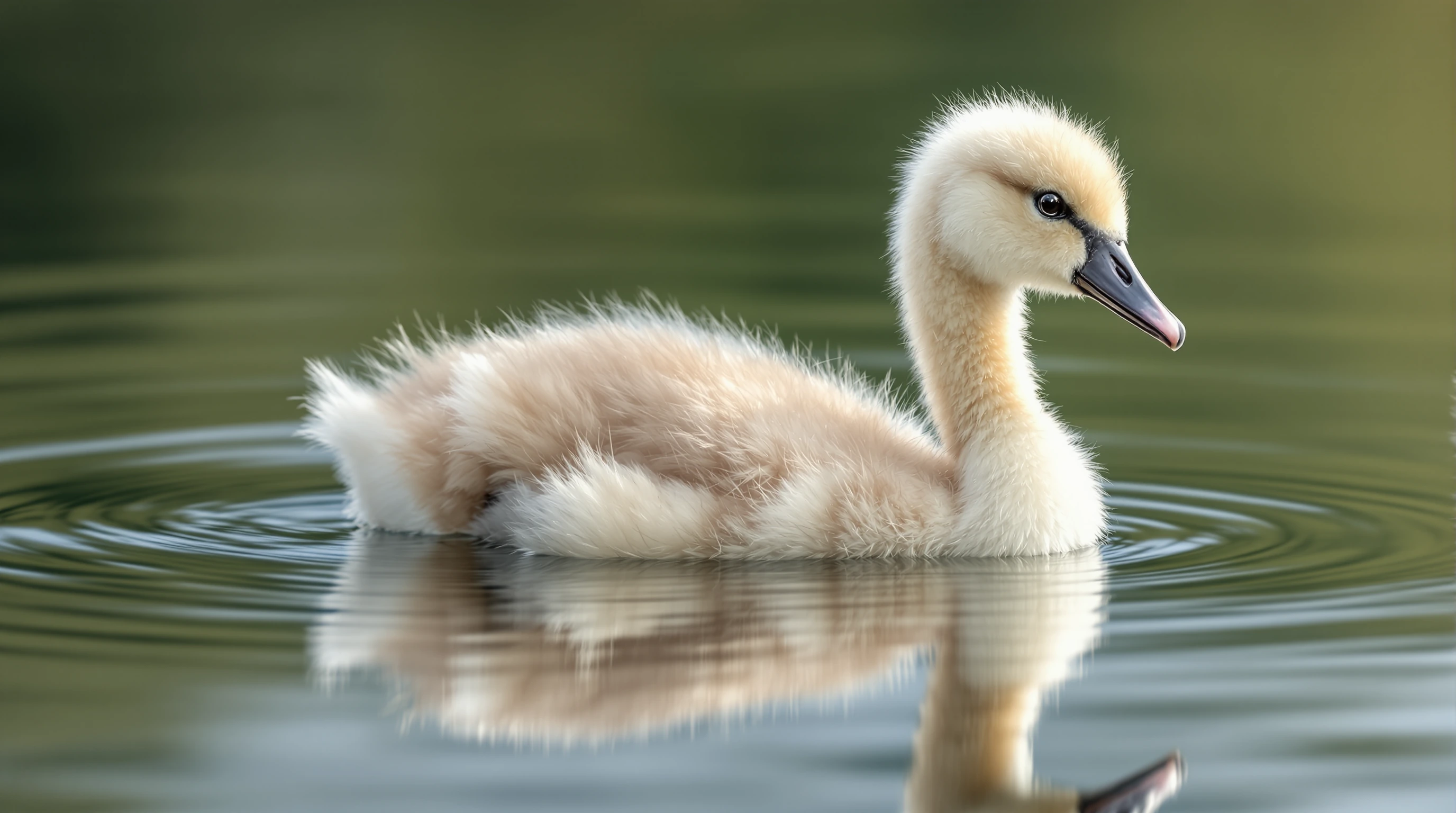 a fluffy young swan cygnet swimming on perfectly still glass-smooth water, mirror-like reflection visible below, photorealistic, soft natural daylight, shallow depth of field, serene peaceful mood, fine detail on downy feathers, calm water surface li