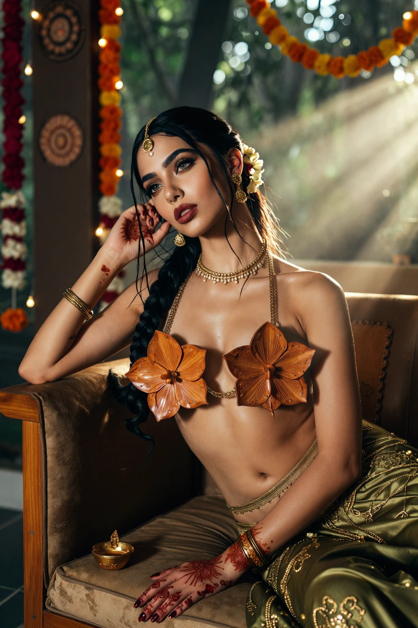Dramatic editorial portrait view of an alluring young adult women with beautiful dusky glowing skin. She sits on a wooden Indian sofa , reclining agai