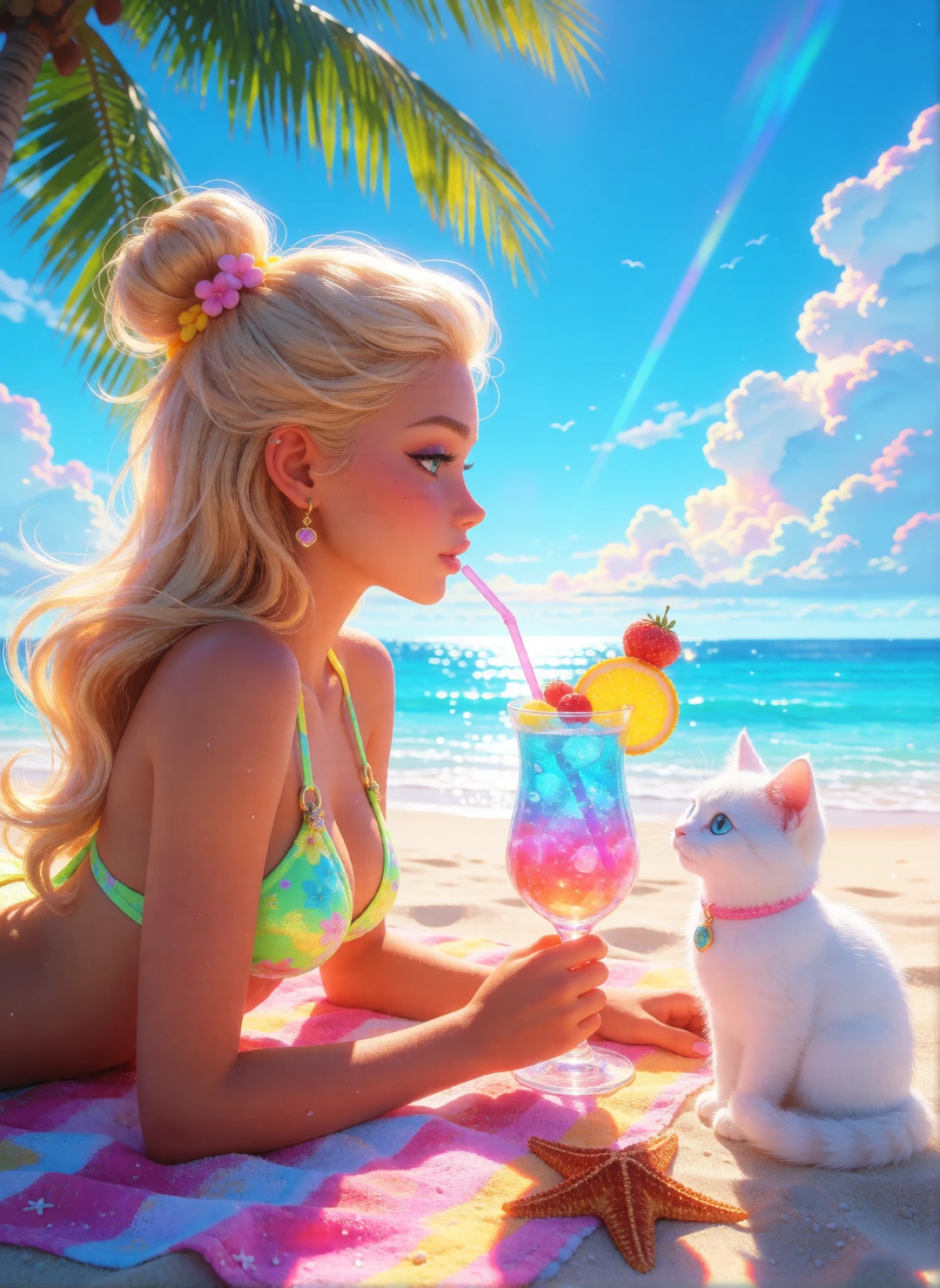 Everything fluorescent as bright as you can go. Woman with a cat, lounging on a beach, morning sunrise, fancy drink, starfish.
