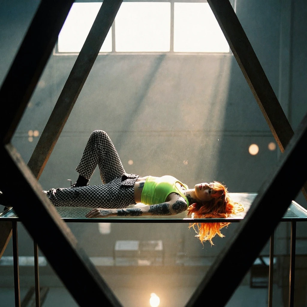 extreme wide shot from overhead loft perspective, girl lying prone on glass coffee table below, checkered black-and-white pants, vibrant neon green cr