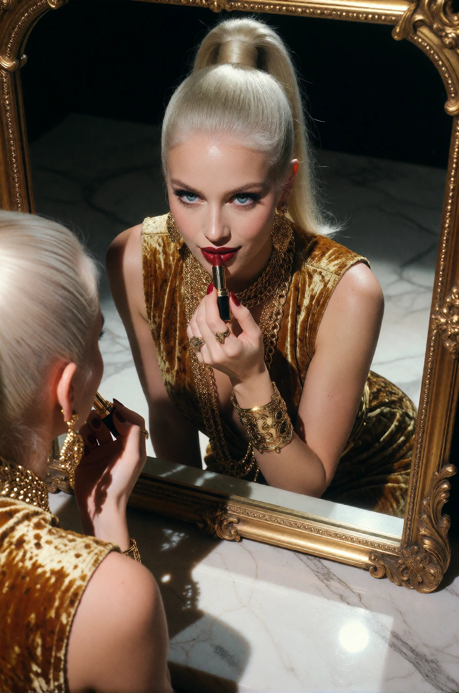 Close-up of a glamorous woman reflected in a vintage gold-framed mirror, platinum blonde hair swept into a high ponytail, ice-blue eyes with sharp cat