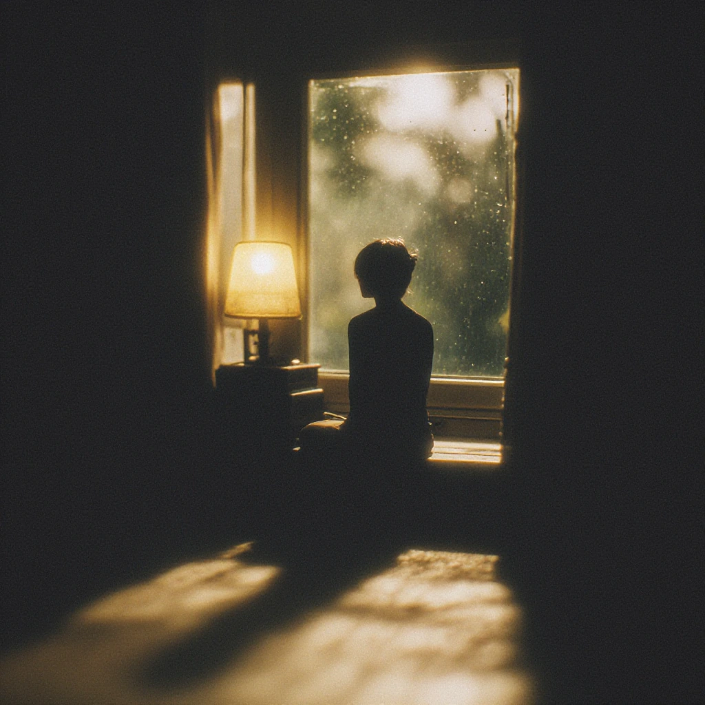 A solitary figure silhouetted at a window, their outline gently diffused and softened by the warm amber glow of a single lamp positioned behind them i