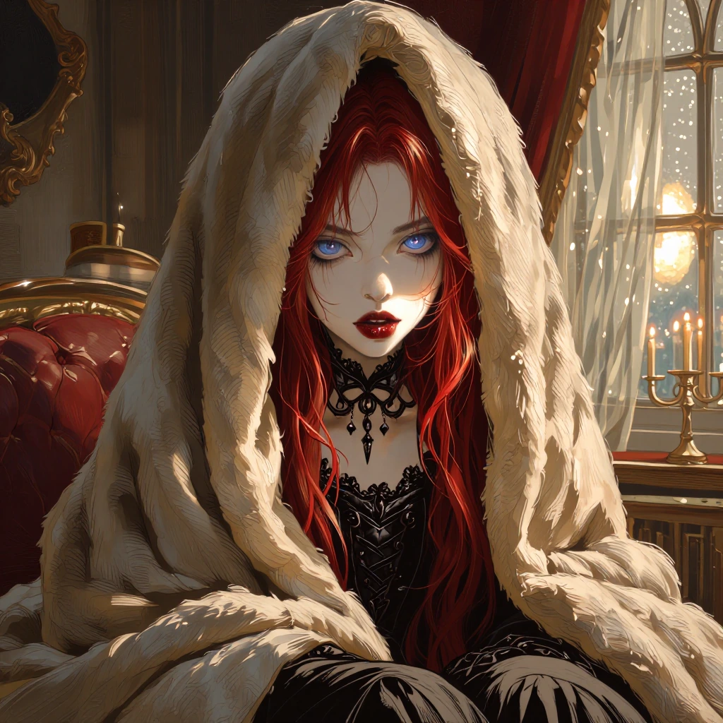 masterpiece, high quality, Oil Painting, Hyper-realistic, close-up of a pale, elegant tween girl vampire wrapped in layers of warm, cozy blankets, sit