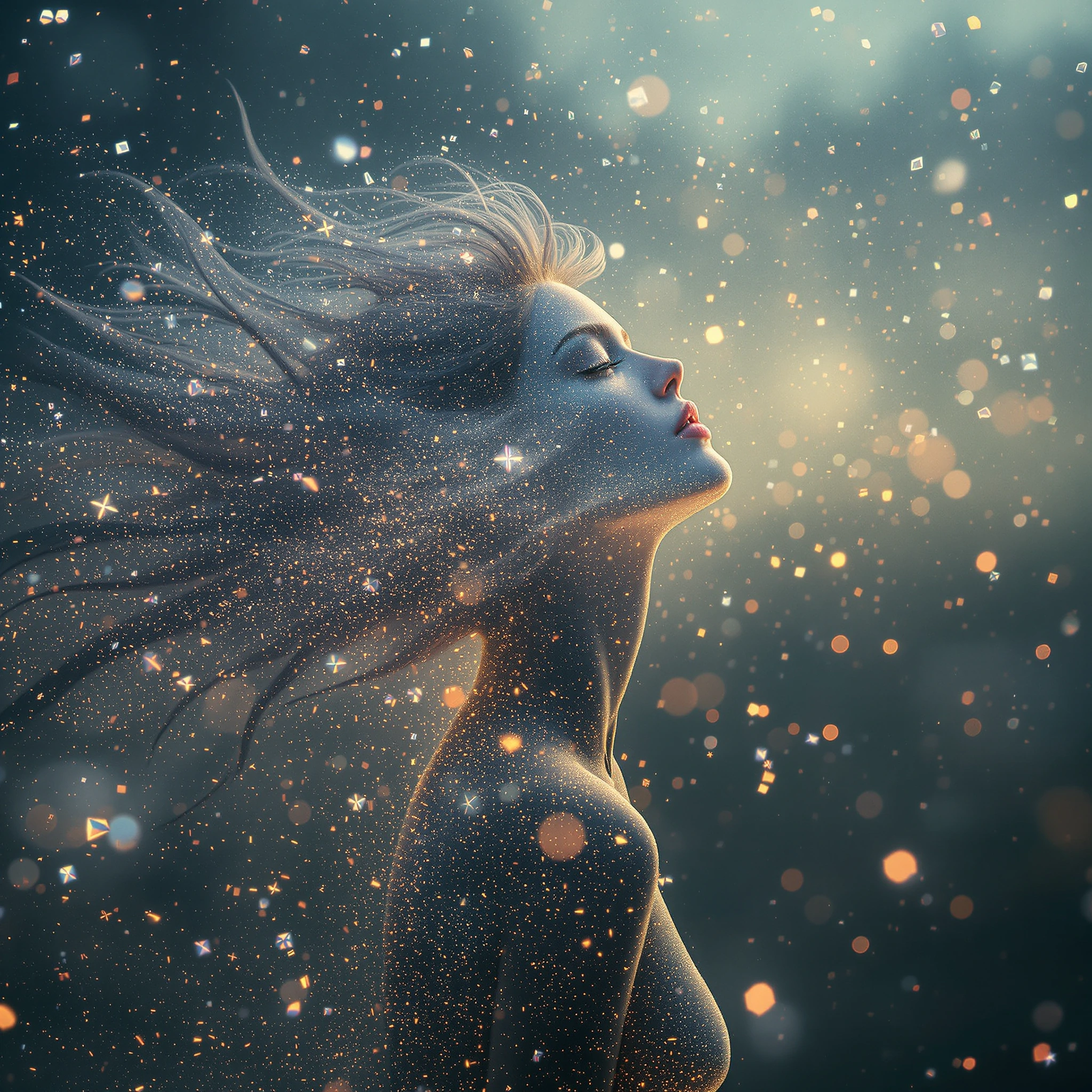 Beautiful female figure made out of diamond dust swirling in the wind.
