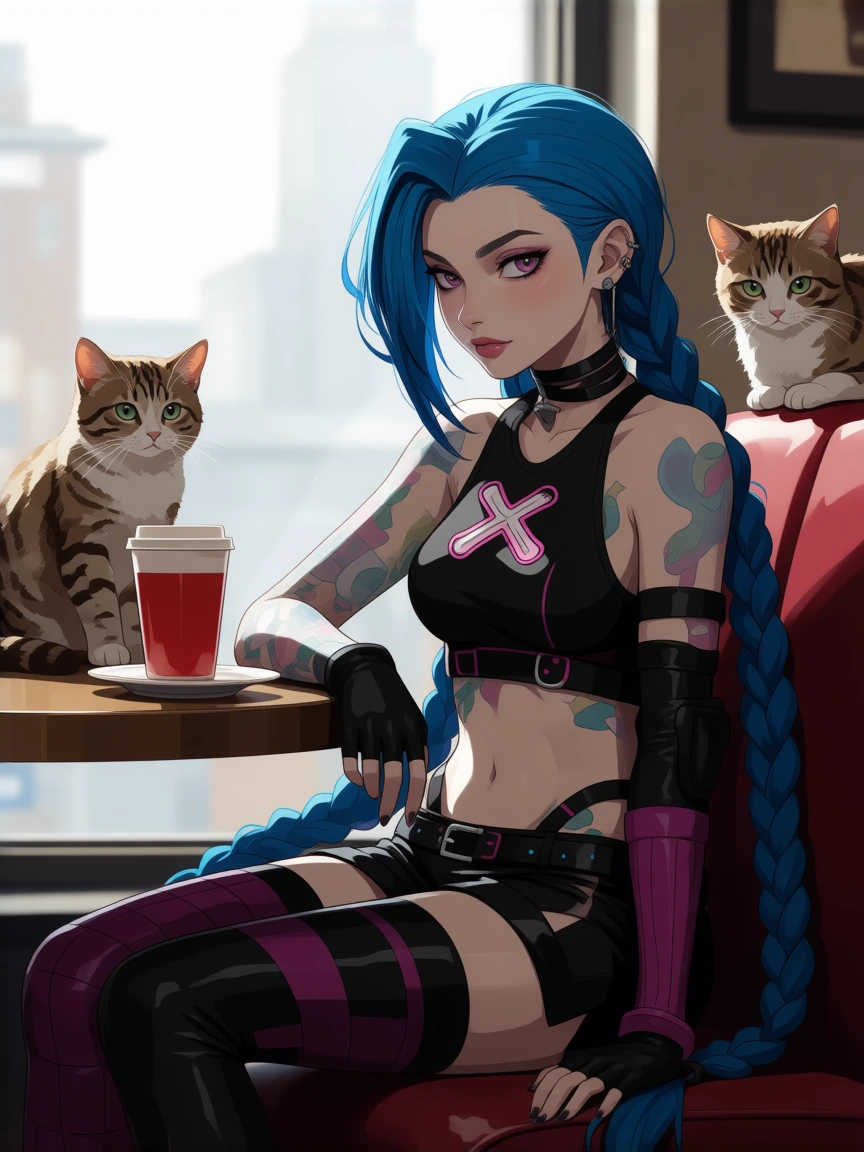 Jinx Cyberpunk style with her cats at a cafe in the morning .