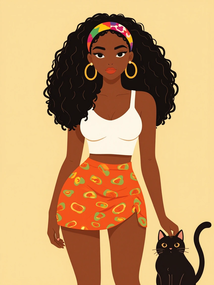 Flat illustration, African-American woman, long, curly hair, colorful, headband, and mini skirt. With a cat.