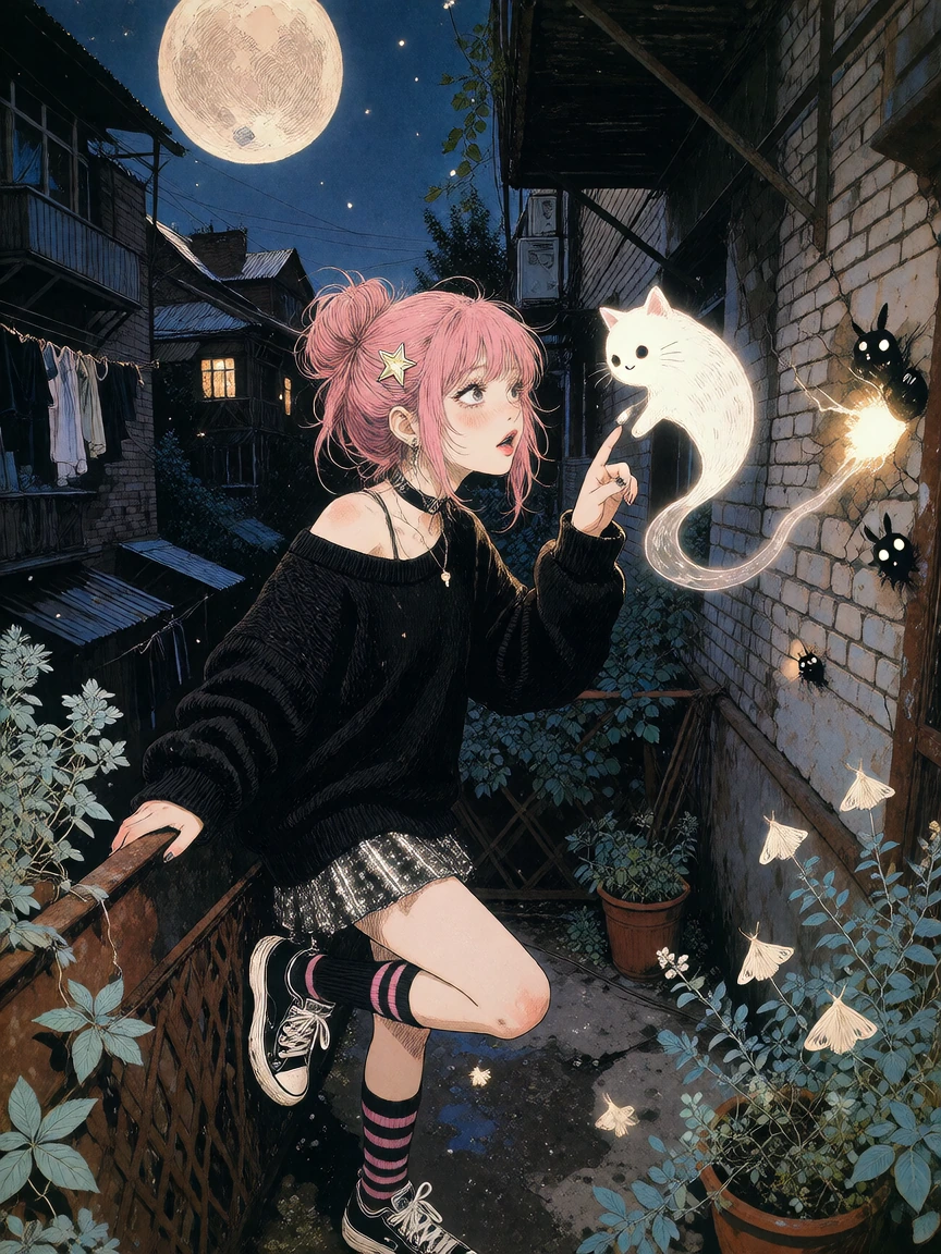 A gorgeous young woman pink hair stands sideways on a narrow apartment balcony, one knee bent against the iron railing and her torso twisted toward a tiny floating ghost-cat hovering beside her shoulder. Her messy bun is held with a crooked star clip