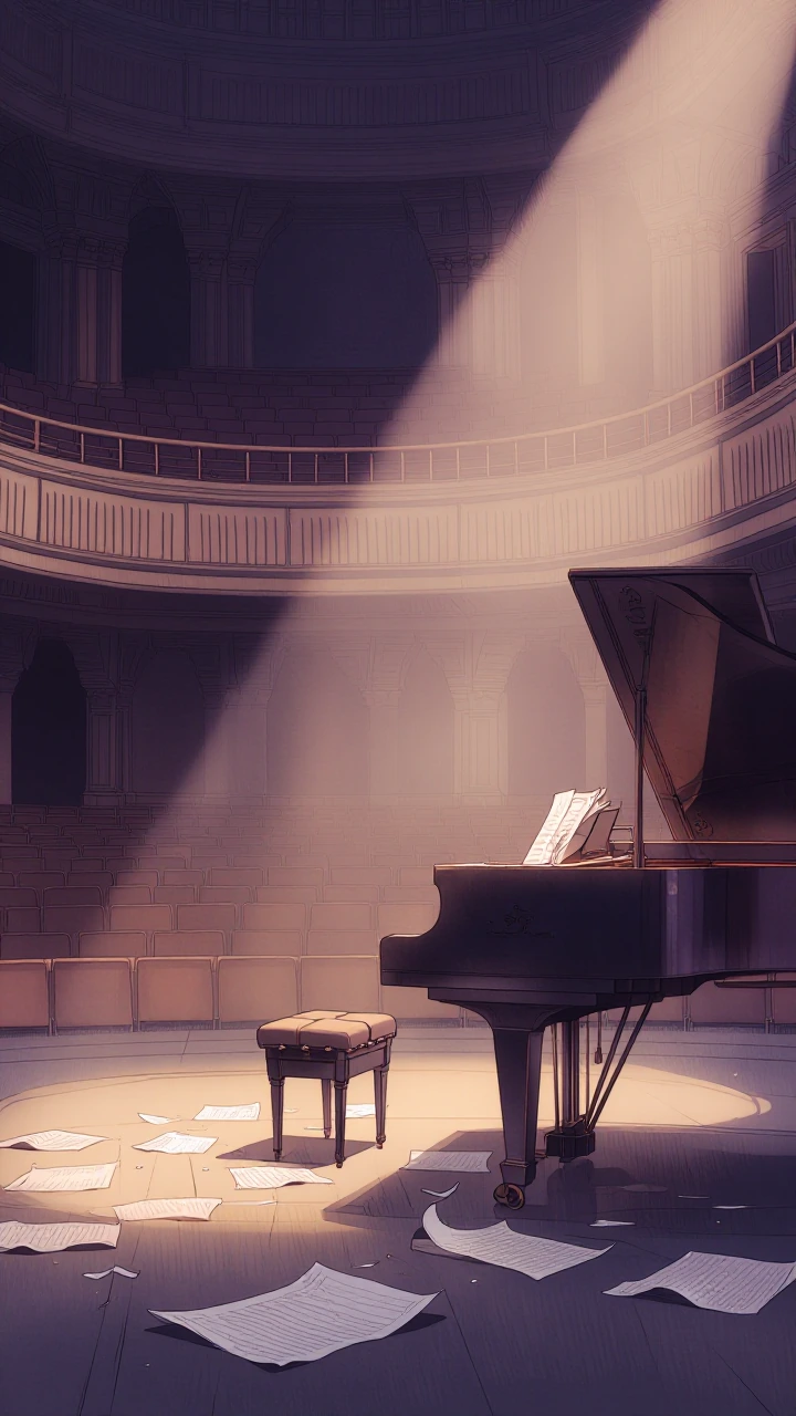 An empty concert hall at dusk, single spotlight catching dust motes in amber light, a piano bench askew, sheet music scattered on the floor in sepia t